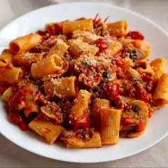 Pyszne rigatoni al pomodoro z grzybami i parmezanem, pachnące latem.