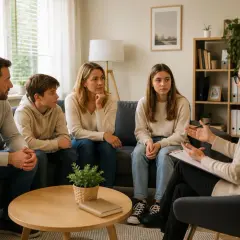 Rodzina siedzi na kanapie, słuchając terapeuty. Wszyscy wyglądają na zaangażowanych w proces terapii rodzinnej.