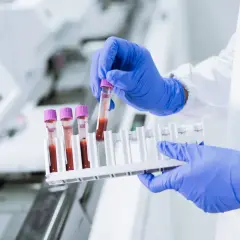 Laborant w niebieskich rękawiczkach pobiera próbkę krwi do analizy. Wyniki badań mogą wykazać bazofile podwyższone u dziecka.