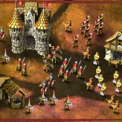 Scena z gry "Knights & Merchants: The Peasants Rebellion". Rycerze i chłopi szykują się do walki pod zamkiem i chatami.