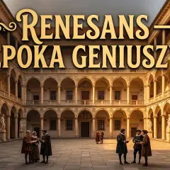 Renesans – epoka geniuszy. W renesansowym dziedzińcu artyści dyskutują o swoich dziełach, inspirując się pięknem architektury.
