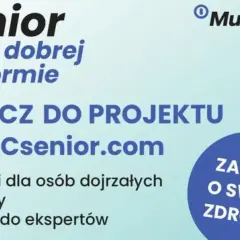 Grafika z napisem "Senior w dobrej formie", logo MultiSport i hasłem "Zadbaj o swoje zdrowie".