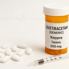 Tabletki Levetiracetam (Keppra) 500 mg, strzykawka i garść tabletek. W tle linia EKG, symbolizująca troskę o zdrowie.