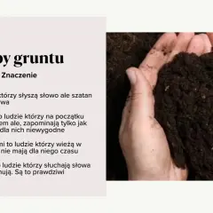 Dłonie trzymają ziemię, symbolizującą przypowieść o talentach i różne typy ludzi.