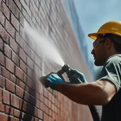 Un ouvrier en casque jaune applique un produit pour imperméabiliser un mur extérieur en briques avec un pulvérisateur.