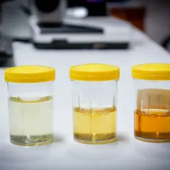 Trzy pojemniki z próbkami moczu o różnym zabarwieniu. Czy witamina D3 wpływa na zapach moczu? Badanie laboratoryjne.