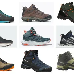 Buty trekkingowe różnych marek, w tym z podeszwami Vibram i Contagrip.