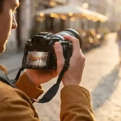 Mężczyzna trzyma aparat z obiektywem, fotografując ulicę. Zastanawiasz się, jaki obiektyw do fotografii produktowej będzie najlepszy?