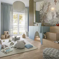 Ein fantasievolles Kinderzimmer einrichten Junge mit Dschungel-Tapete, Spielhaus und vielen Kuscheltieren.