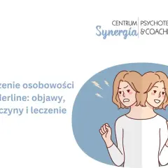 Ilustracja przedstawia dwie twarze tej samej osoby, symbolizujące zmienne osobowość borderline cechy. Jedna twarz wyraża smutek, druga radość.