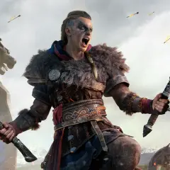 Wojowniczka z toporami w walce, tło z drakkarem i strzałami. Sprawdź wymagania Assassin's Creed Valhalla.