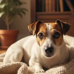 Un perro Jack Russell descansa en una manta, con ojos curiosos. ¿Por qué mi perro tiembla? Quizás solo busca calor y mimos.