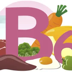 Wielka litera B i cyfra 6 otoczone produktami bogatymi w witaminę B6: mleko, mięso, wątróbka, jajko, brokuły, marchew, melon i papryka.