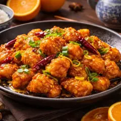 En skål med krispig, glaserad orange chicken, toppad med salladslök och chilifrukter. Bredvid syns ris, apelsinskivor och ingefära.