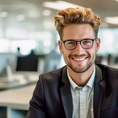 Ein junger Mann mit Brille und Bart lächelt in die Kamera. Er trägt einen Anzug und sitzt in einem Büro. Er könnte gerade mit 40 Jahren studieren und seine Karriere neu starten.