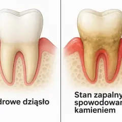 Zdrowe zęby vs. stan zapalny spowodowany kamieniem nazębnym, który prowadzi do próchnicy.