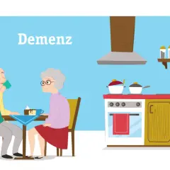 Älteres Paar im Gespräch, während im Hintergrund die Küche gezeigt wird. Die Frage, ob Demenz vererbbar ist, wird thematisiert.