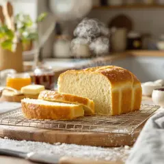 Un pain de mie doré et moelleux, encore chaud, est tranché sur une grille. Des pots de confiture et du beurre sont à proximité, prêts pour un petit-déjeuner gourmand.