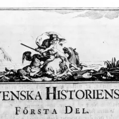 En mytisk scen med en havsgud på en häst som drar en vagn över vågorna, symboliserande Svea rikes historia.