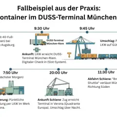 Ein Container durchläuft das DUSS-Terminal München-Riem. LKW-Abholung, digitaler Check-in, Umschlag per Portalkran auf den Güterwaggon – so funktioniert ein Terminal.