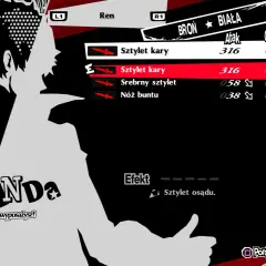 Menu ekwipunku w Persona 5 Royal spolszczenie. Ren wybiera broń, widoczne statystyki i przedmioty.