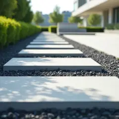 Nowoczesny chodnik z płyt i kamienia, otoczony zielenią, prowadzi do minimalistycznego budynku.