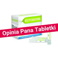 Opakowanie i ampułki Ectodose z ektoiną. Pan Tabletki poleca ten produkt, bo ektoina to naturalna substancja ochronna.