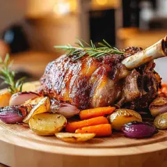 Un savoureux jarret de porc rôti, garni de romarin, servi avec des pommes de terre, des carottes et des oignons rouges sur une planche en bois.