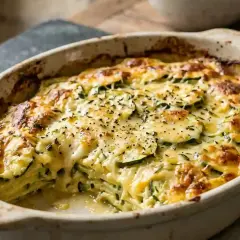 Un gratin de courgettes doré et crémeux, garni d'herbes, sort du four. Un délice à partager.