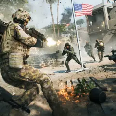 Żołnierze w kamuflażu walczą na **battlefield 7**, strzelając z broni, płonie ogień, a amerykańska flaga powiewa na wietrze.