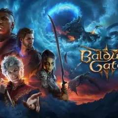 Złowieszczy smok i grupa bohaterów, w tym **Baldur's Gate 3 towarzysze**, szykują się do walki na tle burzowego nieba.