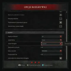 Ustawienia gry Diablo 4: język dialogów wybrany na angielski, choć polski dubbing jest dostępny.