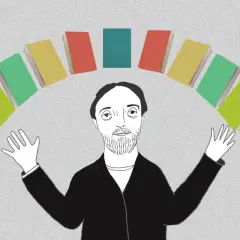 Człowiek otoczony książkami, jakby tworzył wiersz o gwiazdach. Dwie pary rąk wyciągają się w jego stronę.