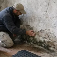 Un homme examine un mur dégradé par l'humidité, signe de condensation dans la maison.