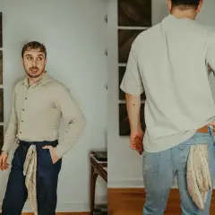 Mężczyzna pokazuje, jak zawiązać bandanę na spodniach, jako modny dodatek.