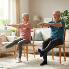 Uśmiechnięci seniorzy wykonują przykładowe ćwiczenia dla osób starszych na krzesłach w salonie, unosząc nogi i wyciągając ręce.
