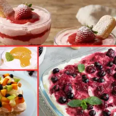 Collage di dolci leggeri per fine pasto: mousse di fragole, tiramisù alla frutta, torta con frutti di bosco e crema.