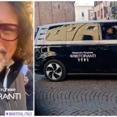 Alessandro Borghese con il furgone di 4 Ristoranti a Mantova. Il conduttore è pronto per una nuova sfida culinaria.