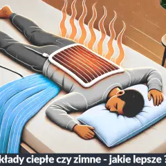 Osoba leży na łóżku z poduszką pod głową, a na plecach ma podłączoną poduszkę elektryczną. Płomienie unoszą się nad nią, sugerując, że stan zapalny chłodzić czy rozgrzewać to ważna kwestia.