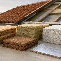 Vari materiali isolanti per sottotetto calpestabile, tra cui fibra di legno e lana di roccia, pronti per un tetto efficiente.
