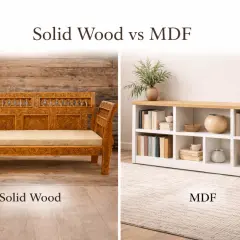 A carved solid wood bench sits on the left, contrasting with a modern white MDF shelving unit filled with books on the right.