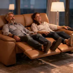 Ein Paar entspannt sich auf einer ledernen, ergonomischen Couch. Die Füße sind hochgelegt, die Gesichter lächeln.