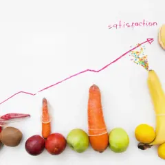 Wykres satysfakcji rośnie, od małych owoców do banana z kolorowymi kuleczkami, symbolizującymi większy wytrysk.