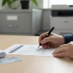 Dłoń pisze długopisem na formularzu wniosku. Na stole leży też stos dokumentów i dowód osobisty.