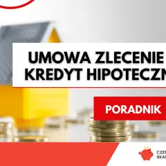 Model domu na monetach, tekst "Umowa zlecenie a kredyt hipoteczny" i przycisk "Poradnik".