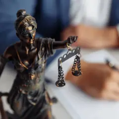 Figurka Temidy z wagą symbolizuje sprawiedliwość. W tle prawnik sporządza dokumenty dotyczące uchylenia postanowienia o stwierdzeniu nabycia spadku.