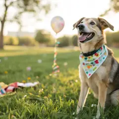 Perro feliz con pañuelo colorido celebra el día mundial del perro en un parque soleado, con un globo y confeti.