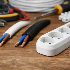 Dwa przewody, biały i czarny, odsłaniające miedziane żyły. Obok biały przedłużacz z trzema gniazdami. W tle narzędzia elektryczne.