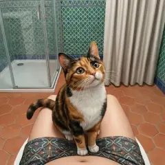 A calico cat sits on my lap while I poop, looking up with curious eyes. The bathroom features green tiled walls and a shower.