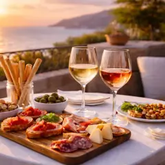 Un aperitivo al tramonto con due calici di vino, stuzzichini, salumi, formaggi e olive. Perfetti pinot grigio abbinamenti per godersi la vista.